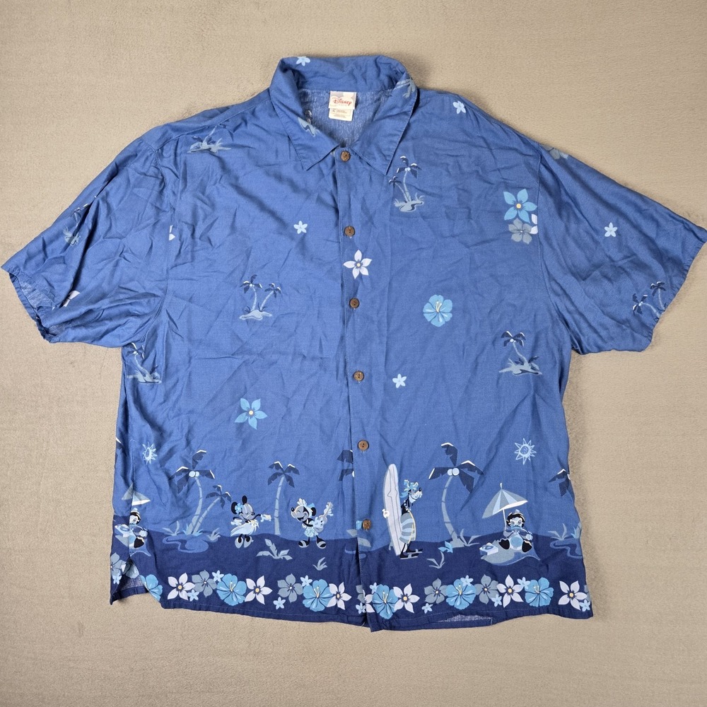 Disney Store Shirt Mens XL Mickey And Minnie Hawaiian Island Surf Rayon Blue AOP